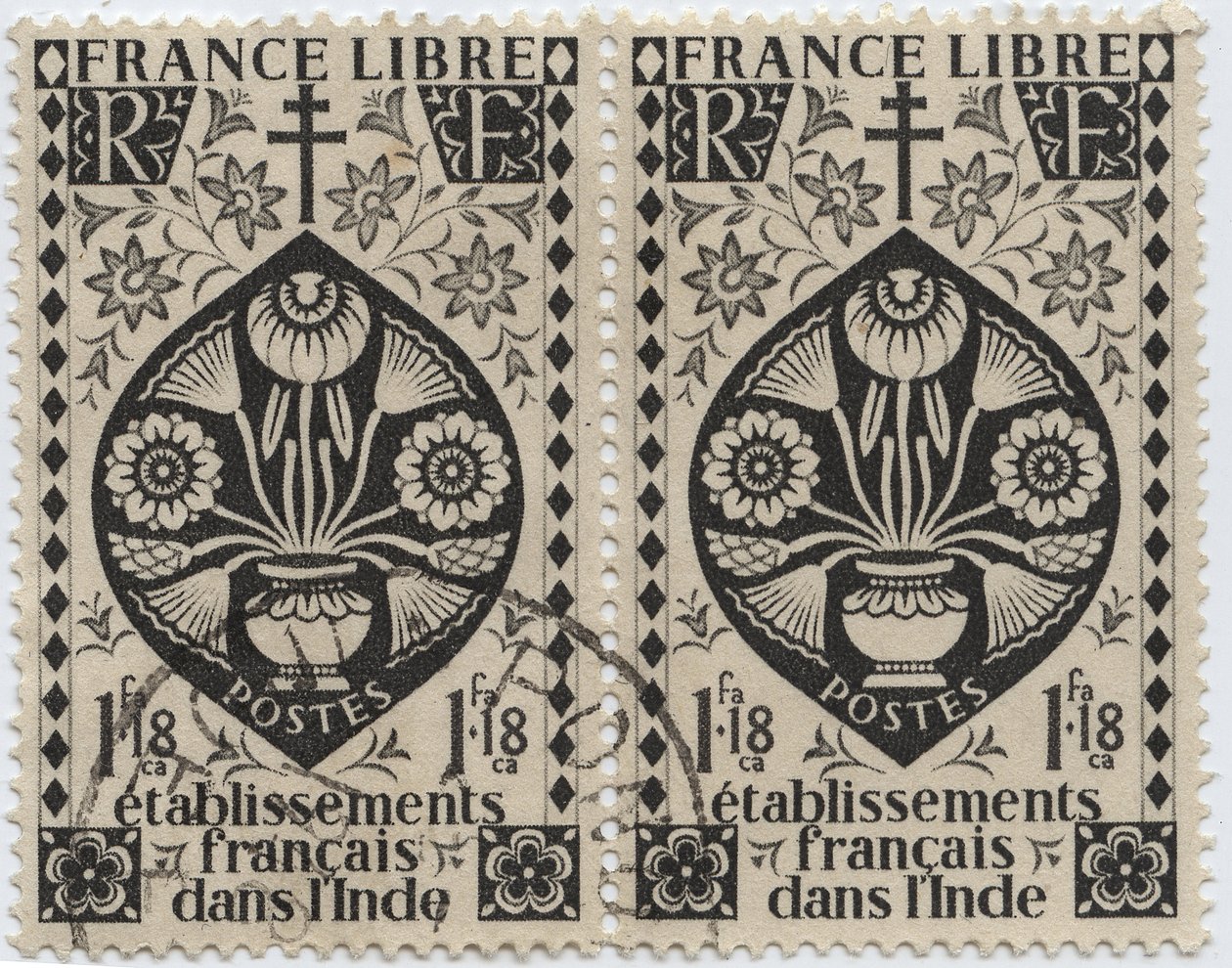 Francuskie zakłady w Indiach - FRANCE LIBRE i Krzyż Lotaryński - pieczęć 1942 autorstwa French School