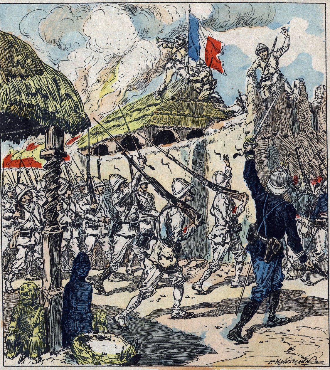 Francuska wyprawa do Dahomeju (obecnie Benin). Wojska francuskie wkroczyły do Abomey 17 listopada autorstwa French School
