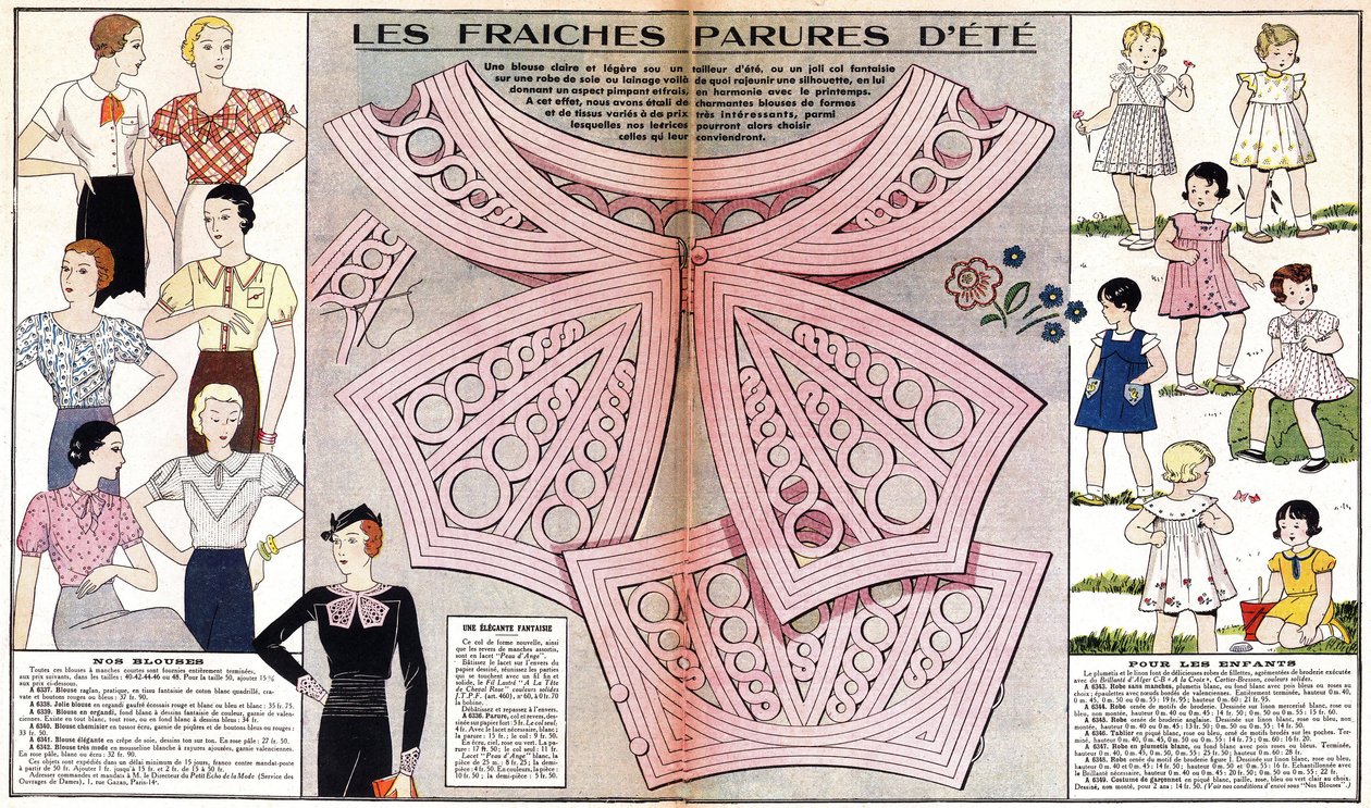 Francuska moda na lato 1934 roku: moda kobieca (bluzki) i moda dziecięca (sukienki i kostiumy). W "Le petit echo de la mode" autorstwa French School