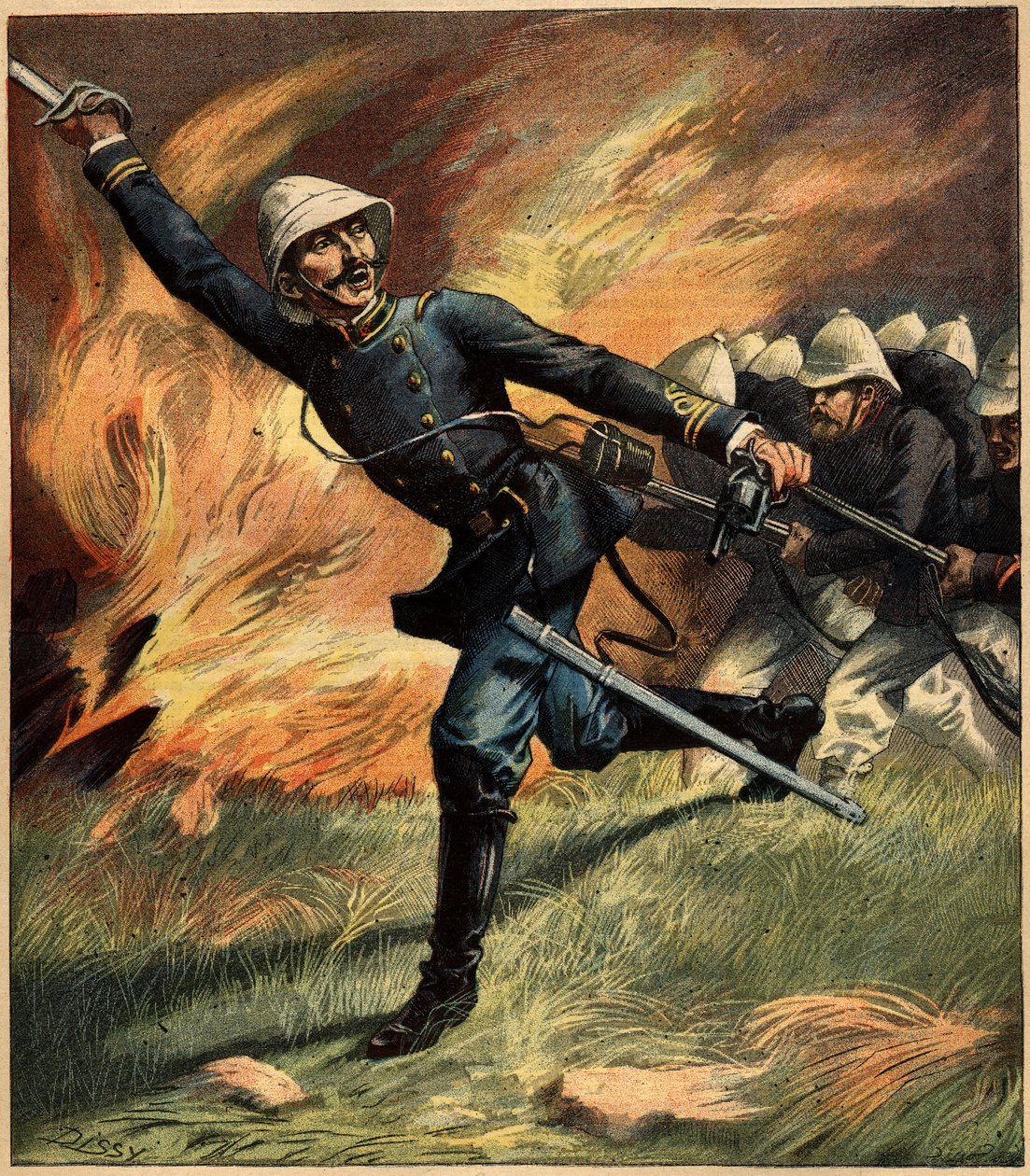 Francuski oficer w Tonkinie (Indochiny) podczas bitwy z chińską armią; 1891. Rycina w "La Terre Illustree" nr 69 z 25 lutego 1892 r. autorstwa French School