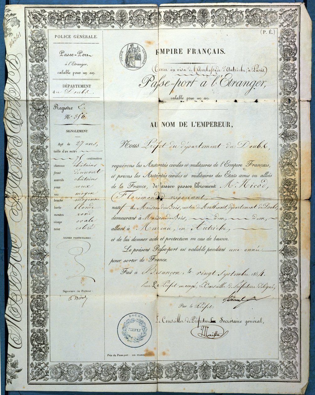 Paszport francuski, z Besancon, 20 września 1854 autorstwa French School