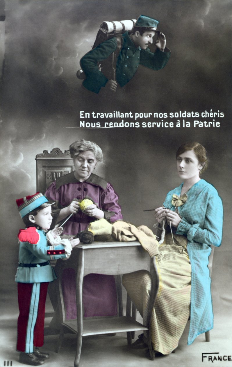 Francuska pocztówka patriotyczna przedstawiająca rolę kobiet podczas I wojny światowej 1914-18, 1915 autorstwa French School