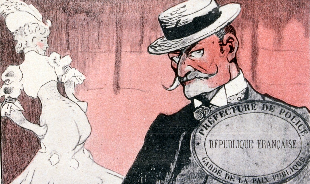 Francuska policja bada prostytutkę przed jej aresztowaniem. XIX-wieczna Francja. Ilustracja francuska 1890 autorstwa French School