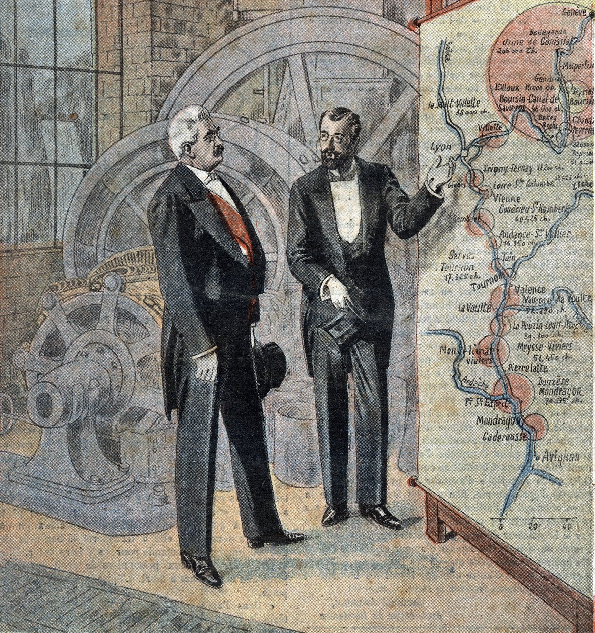 Francuski prezydent Millerand i inżynier planujący budowę hydroelektrowni na rzece Rodan Ilustracja z "Le pelerin" z kwietnia 1921 r. autorstwa French School