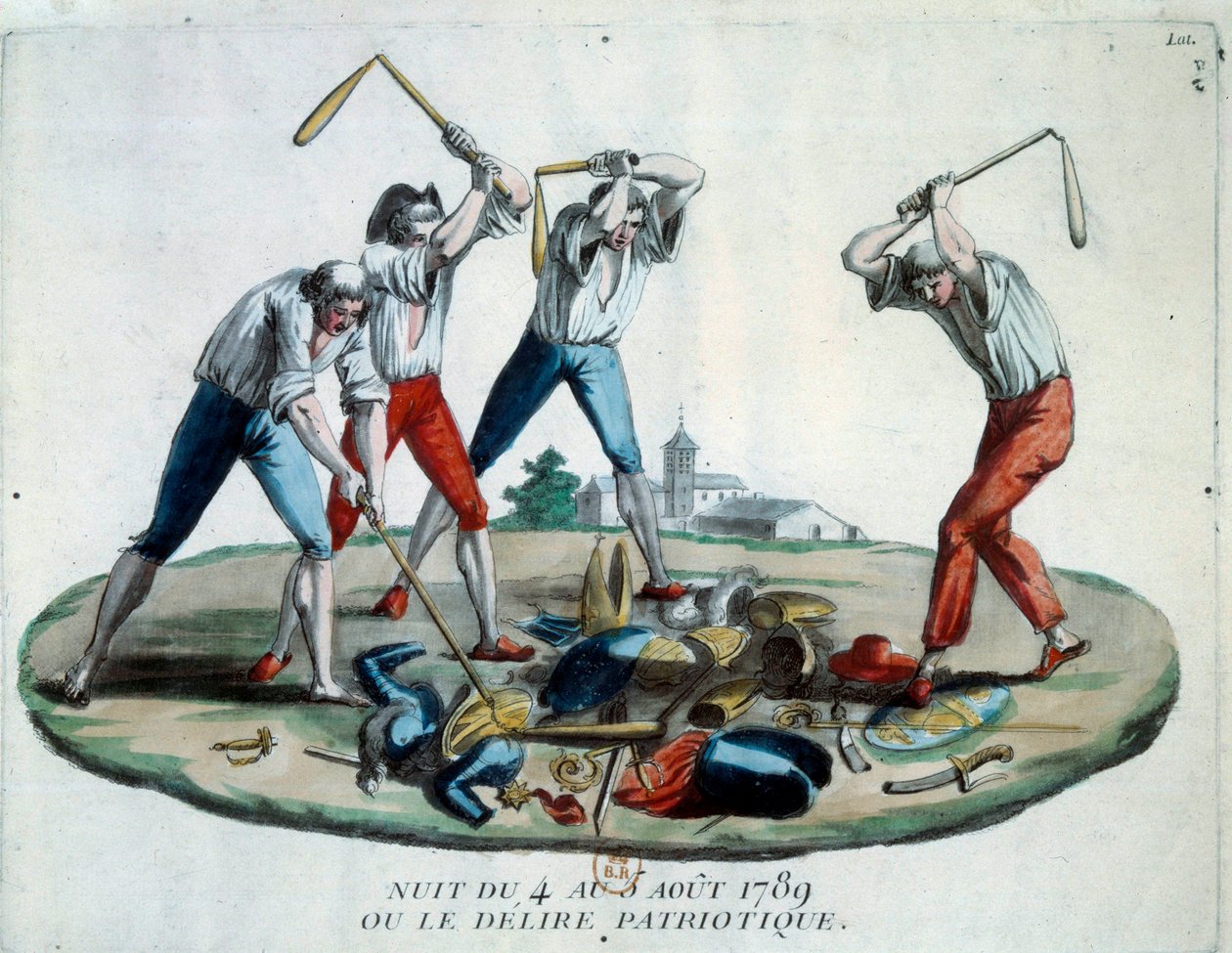 Rewolucja francuska: alegoria nocy 4 sierpnia 1789 r., w której zniesiono przywileje i prawa feodalne. Członkowie ludu Patriot niszczą symbole szlachty, duchownych i zbroi. Rycina z 1789 r. Paryż, Biblioteka Arsenału autorstwa French School
