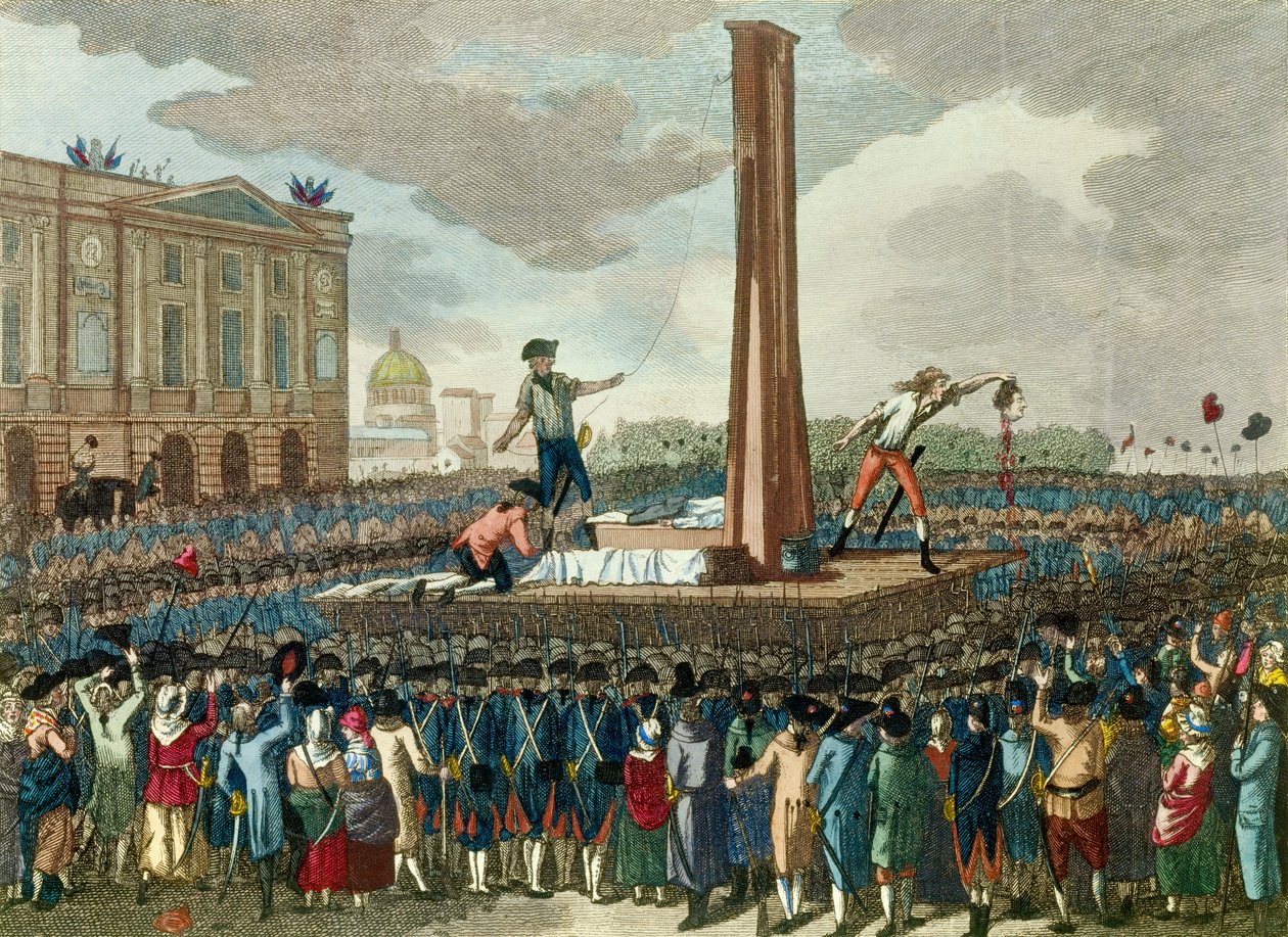 Rewolucja francuska: egzekucja na gilotynie króla Ludwika XVI (1754-1793), kat prezentuje odciętą głowę. Rycina według rysunku Fiousa. XVIII wiek. Paryż, Musee Carnavalet autorstwa French School