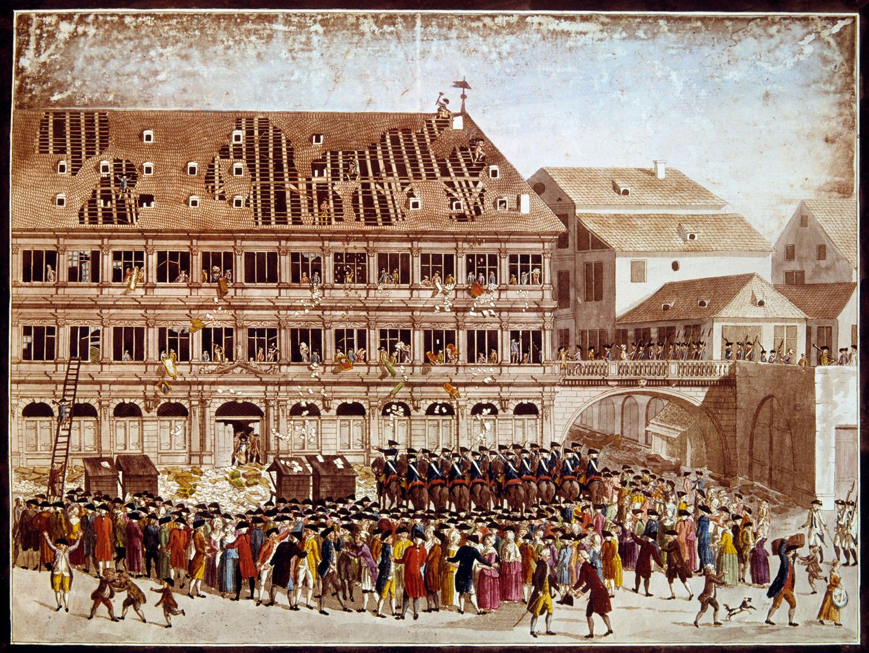 Rewolucja francuska: splądrowanie ratusza w Strasburgu 20.07.1789. Anonimowy nadruk. Paryż, B.N. autorstwa French School