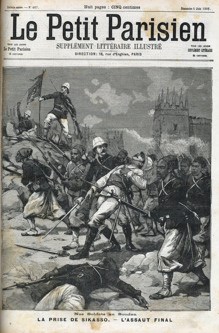 Żołnierze francuscy w Sudanie: maj 1898. Worek Sikasso przez pułkownika Audeouda (Sudan). Zdobycie Sikasso. Okładka „Le petit parisien”” z czerwca 1898 r. autorstwa French School