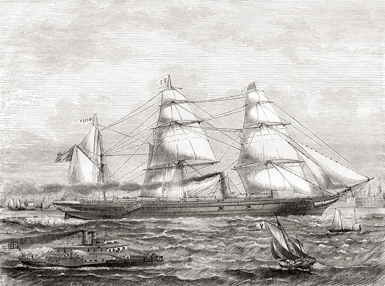Francuski transatlantycki liniowiec parowy Pereire (1866-1888), z Les Merveilles de la Science, wyd. 1870 autorstwa French School
