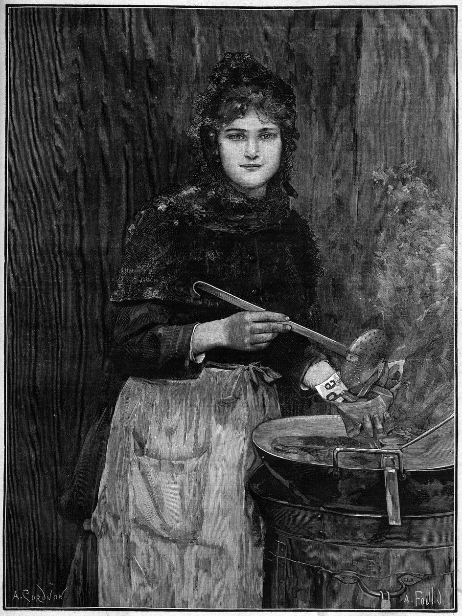 Sprzedawca smażonych ziemniaków; 1888 rycina z obrazu Achilles Foald. autorstwa French School
