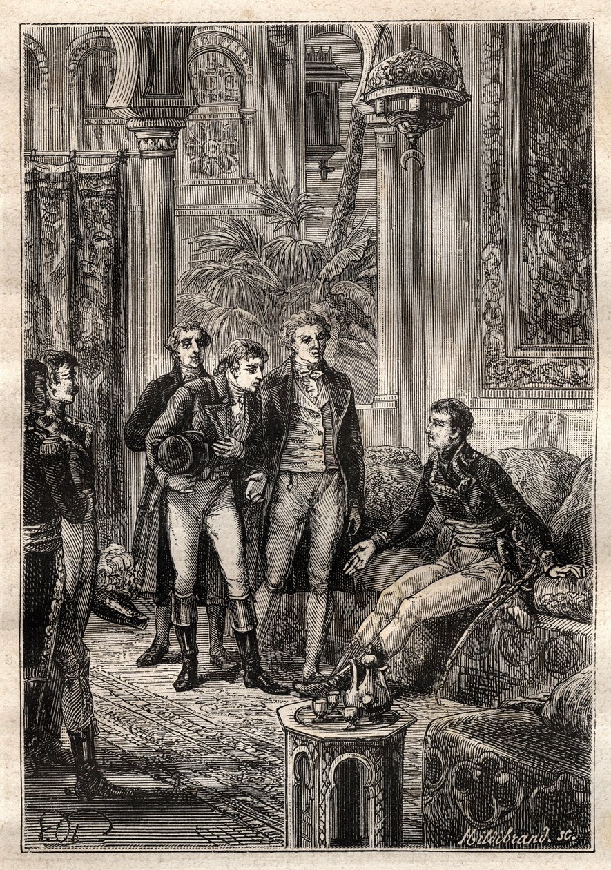Friedrich Konrad Hornemann (1772-1801) spotkał Napoleona Bonaparte w Kairze w 1797 w obecności Gasparda Monge (1746-1818) i Claude Louis Berthollet (1748-1822) - ilustracja zaczerpnięta z „Wielkich Marynarzy XVIII wieku” autorstwa French School