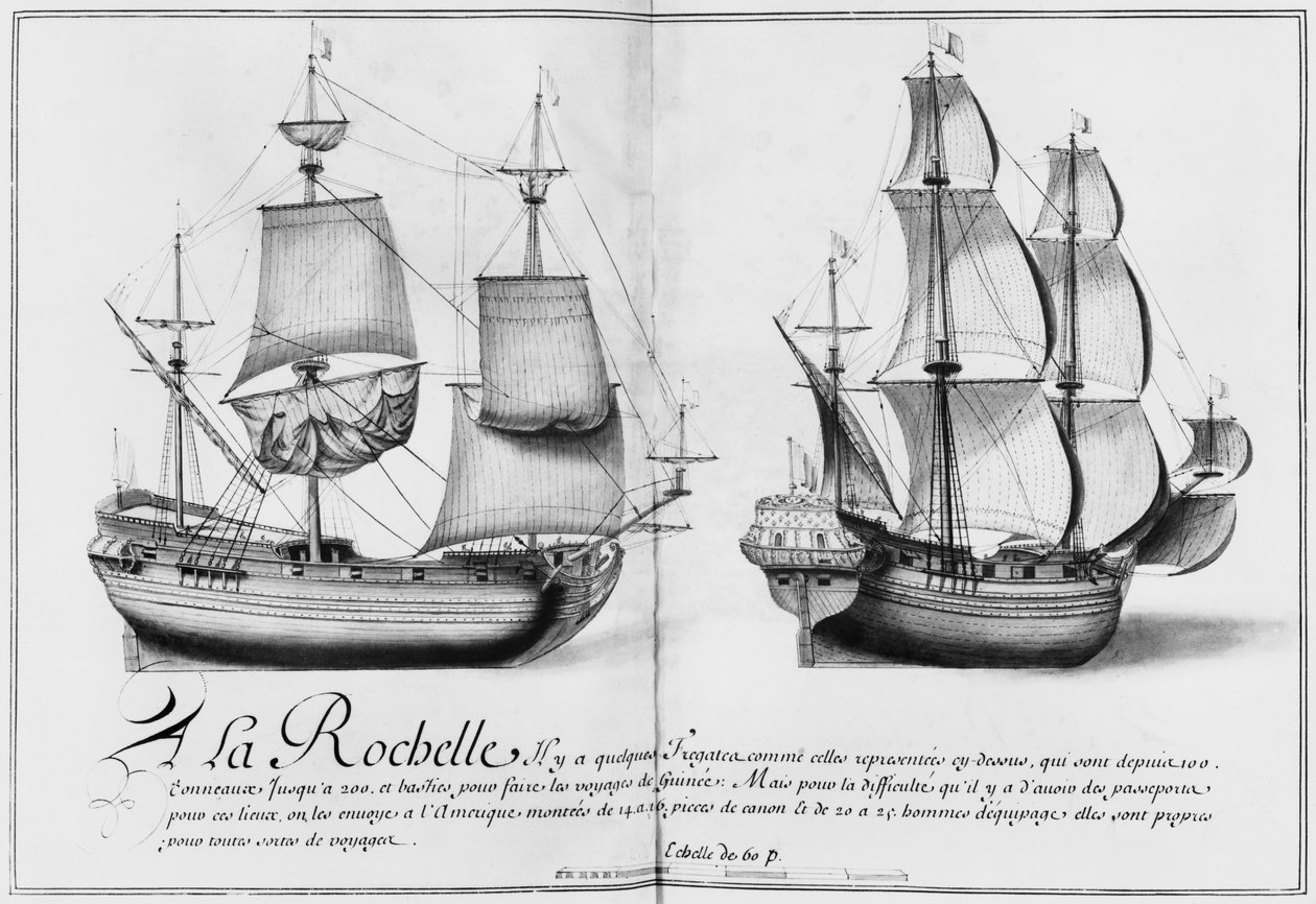 Fregaty, La Rochelle, ilustracja z „Desseins des differentes manieres de dishes… od Nantes do Bayonne…”, 1679 (ołówek i toaleta na papierze) (fot. bw) autorstwa French School