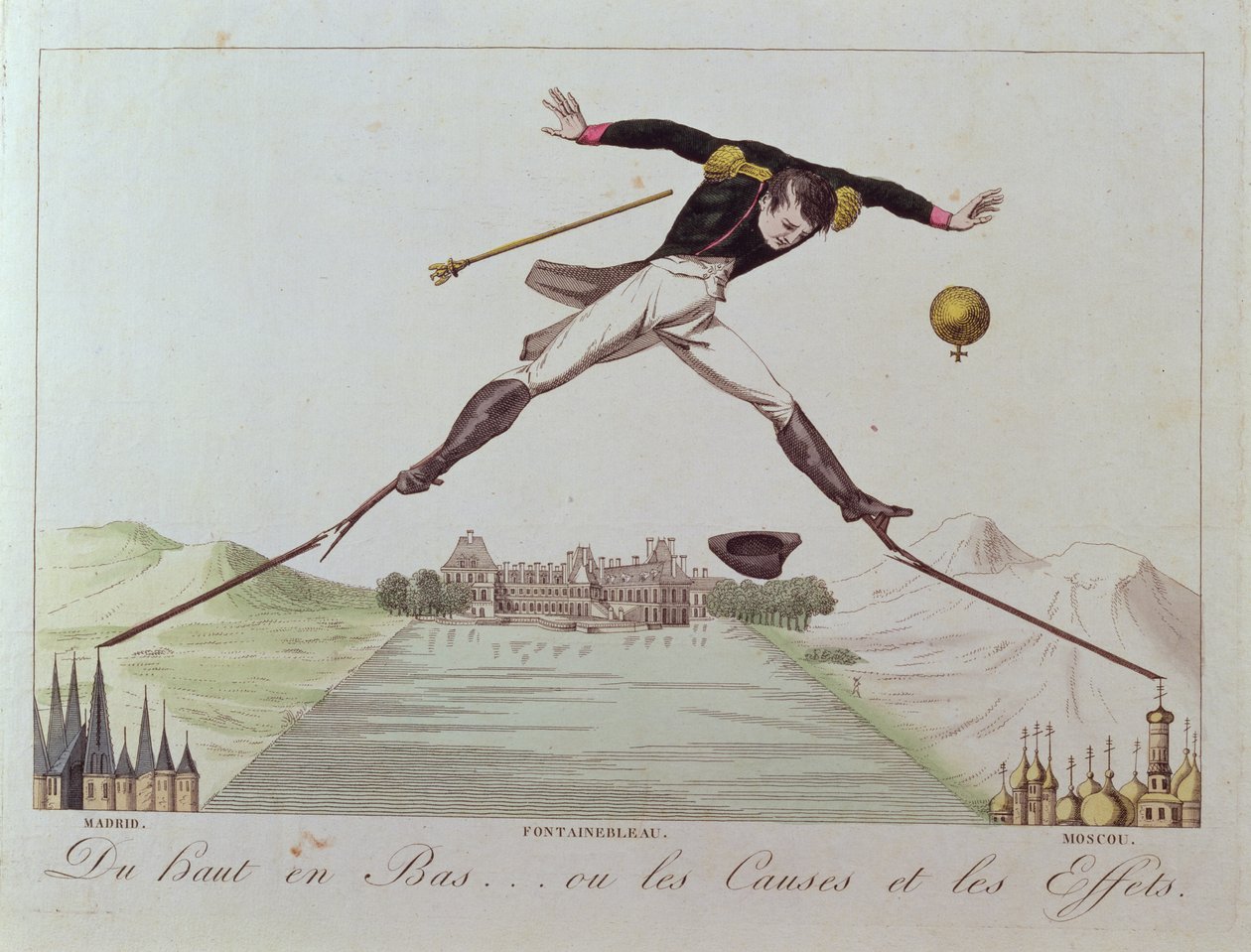 Od wysokiego do niskiego… czyli przyczyny i skutki, karykatura polityki zagranicznej Napoleona, ok. 1814 r. autorstwa French School