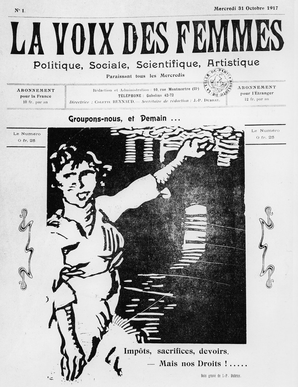 Okładka La Voix des Femmes, wyd. Paryż, październik 1917 (papier drukowany i drzeworyt) autorstwa French School