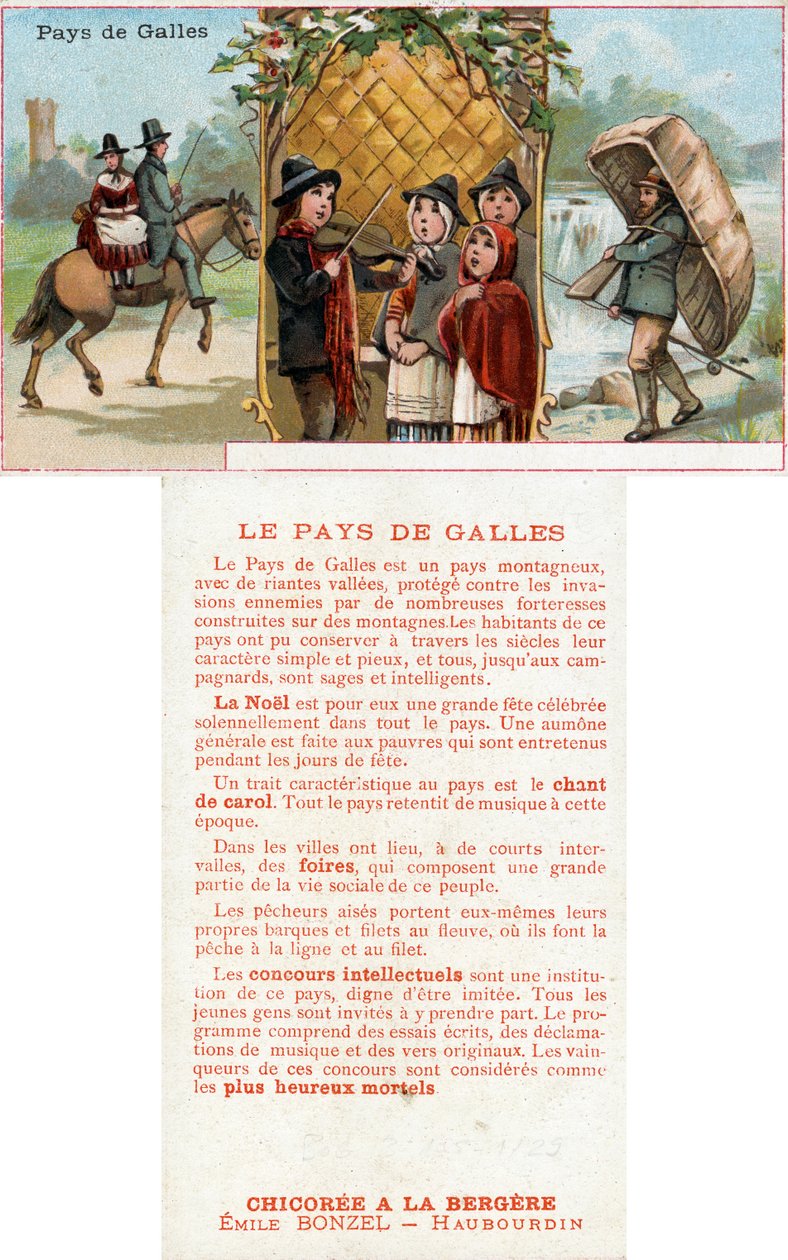 Awers i rewers karty promocyjnej na napój Chicorée à la Bergère z przedstawieniami życia w Walii, ok. 1890 (patrz także 488433) autorstwa French School