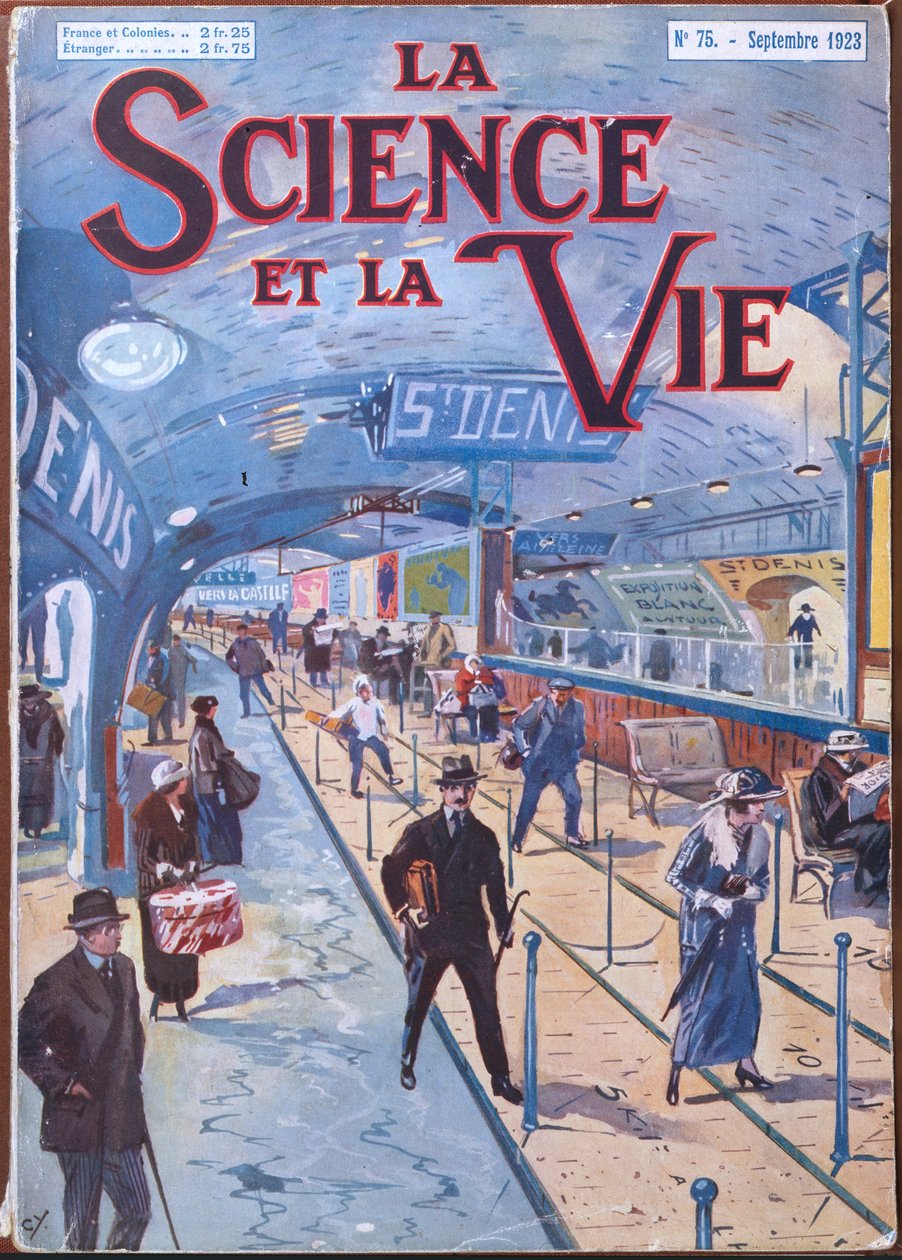 Przednia okładka „La Science et la Vie” ilustrująca projekt ruchomego chodnika w metrze paryskim, wrzesień 1923 (kolor lito) autorstwa French School