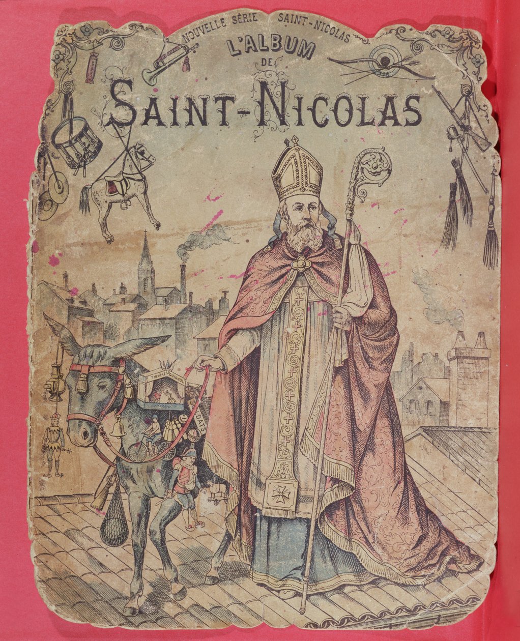 Okładka albumu ze zdjęciami przedstawiającymi św. Mikołaja niosącego prezenty dzieciom, koniec XIX w. (kolororyt) autorstwa French School