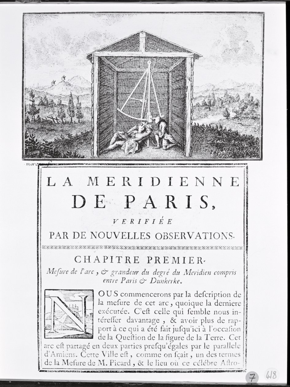 Strona tytułowa pierwszego rozdziału La Meridienne de Paris autorstwa Cesara-Francoisa Cassiniego de Thury, 1744 autorstwa French School