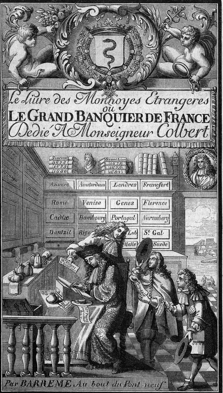 Frontyspis „Księgi walut obcych lub wielkiego bankiera Francji” (1687) autorstwa Francois Barreme (1638-1703), francuskiego matematyka. Postać pisząca piórem to prawdopodobnie portret autora. Grawerowanie w „”Malowniczym sklepie”” autorstwa French School