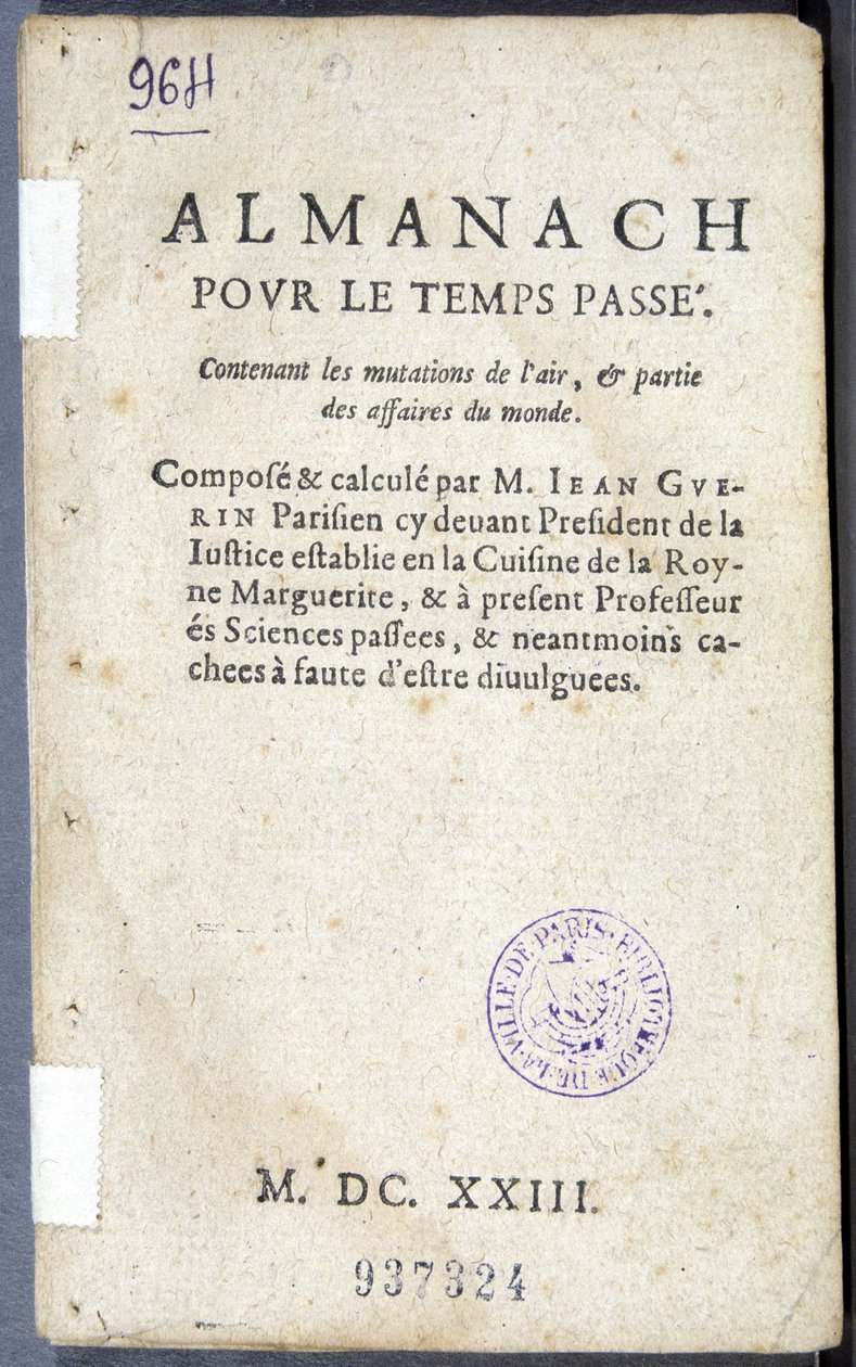 Frontyspis książki „Almanach pour le temps passé” Jeana Guerin autorstwa French School