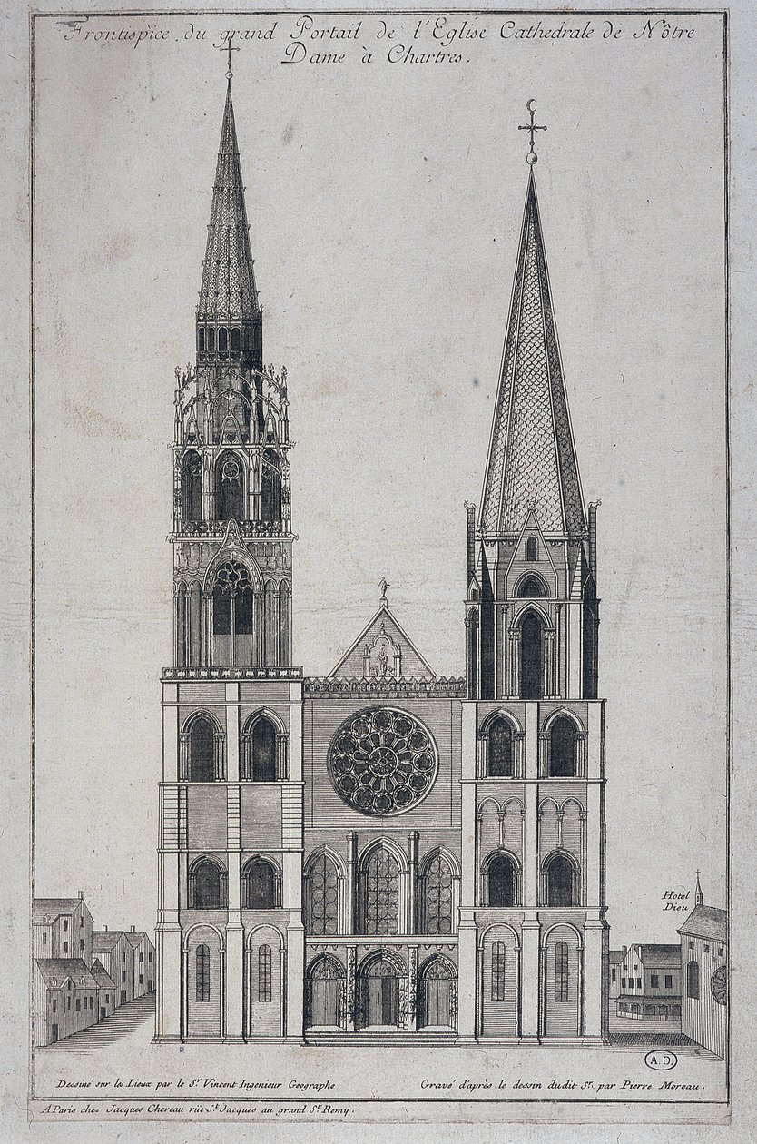 Frontyspicjum dużego portalu kościoła Cathedrale de Notre Dame à Chartres, zaprojektowanego na miejscu przez inżyniera geografa św. Wincentego, sd. 19 wiek autorstwa French School