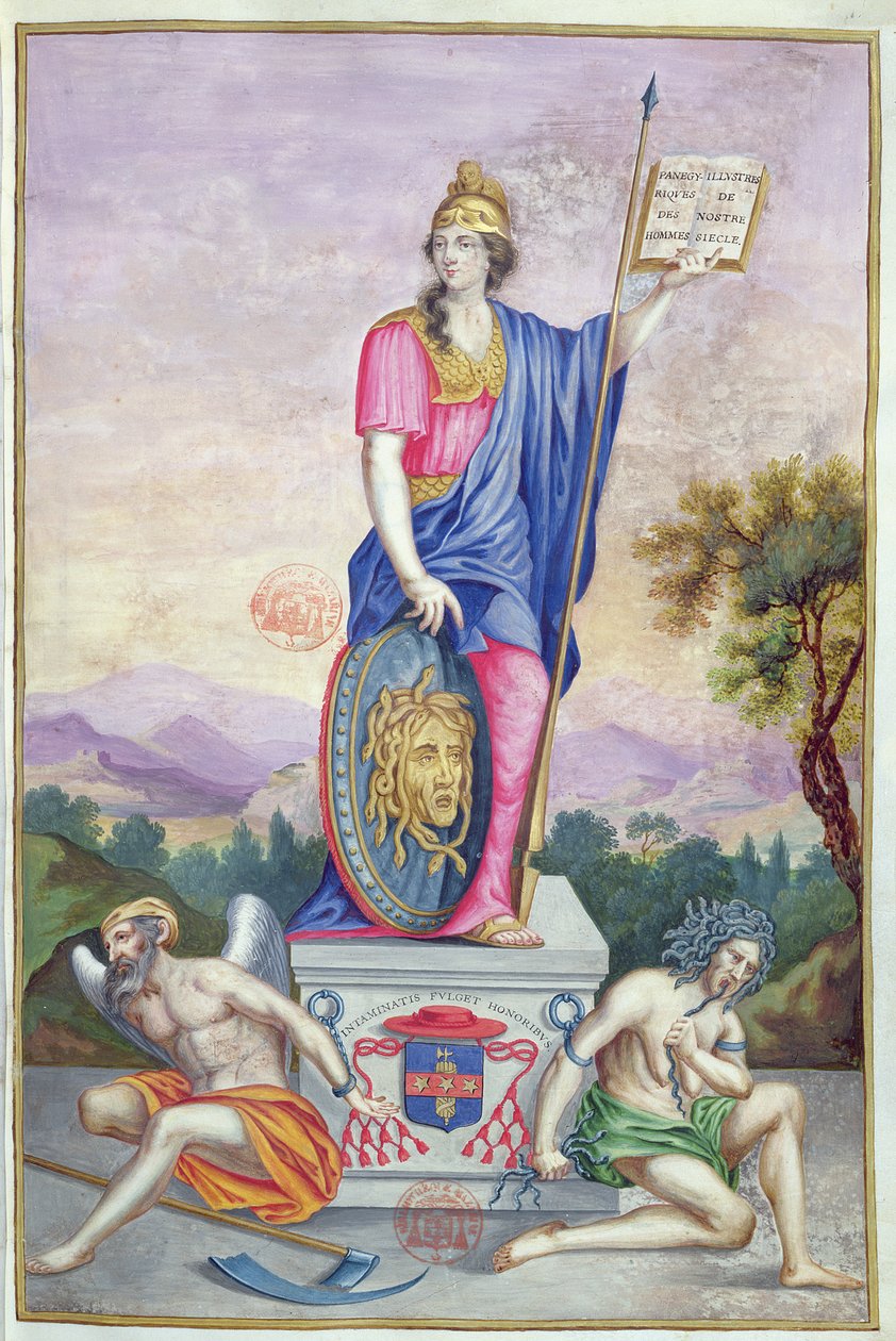 Frontyspisowa alegoryczna ilustracja bogini Minerwy z Les Panegyriques des Hommes Illustres de Notre Siecle autorstwa Puget de la Serre, 1655 autorstwa French School