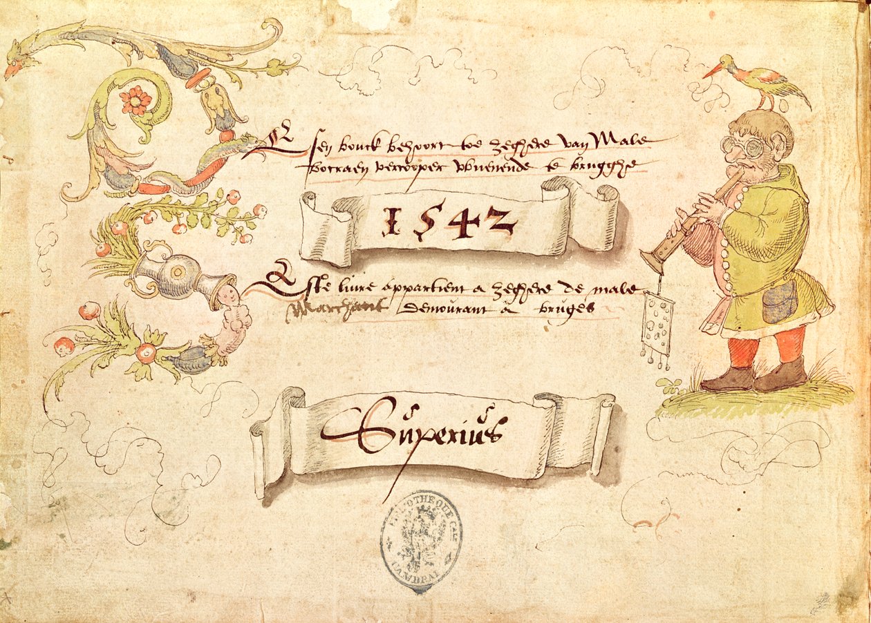 Frontyspis z Recueil de chants religieux et profanes IX przedstawiający mężczyznę w okularach grającego na instrumencie dętym z ptakiem na głowie, 1542 autorstwa French School