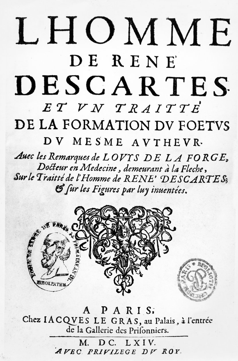 Frontyspis traktatu Kartezjusza o człowieku i formacji płodu, opublikowany w Paryżu, 1674 autorstwa French School