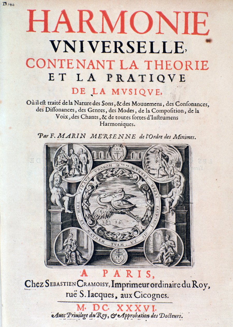 Frontyspis Harmonie universelle zawierający teorię i praktykę muzyki Marin Mersenne (Marin Mersennus lub le Pere Mersenne) (1588-1648), 1637. autorstwa French School