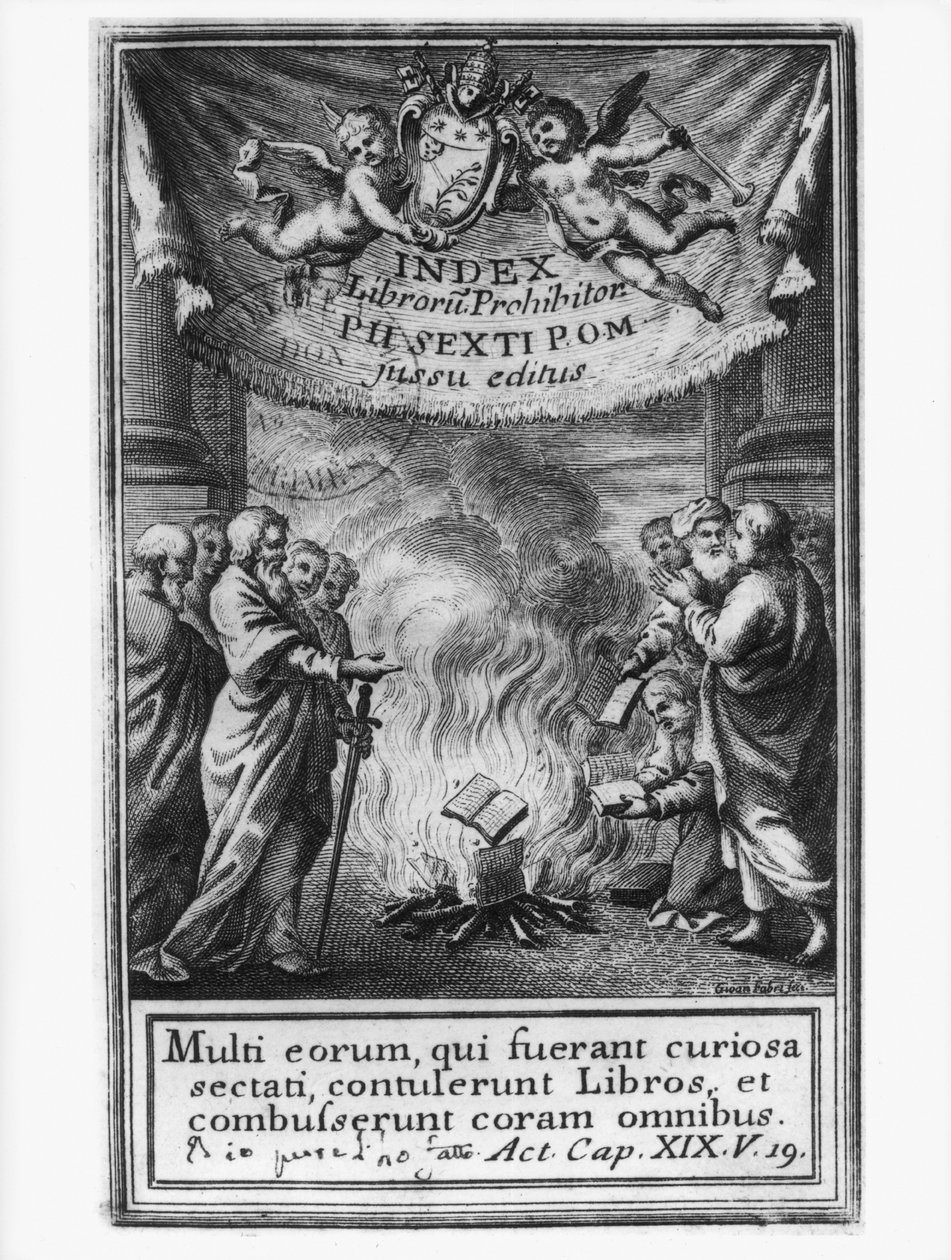 Frontyspis Indeksu ksiąg przedstawiający auto da fe, 1786 autorstwa French School