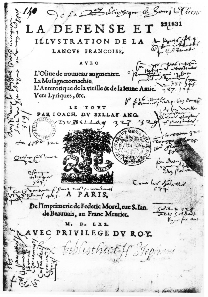 Frontyspis La Defense et Illustration de la Langue Francaise autorstwa Joachima du Bellay, wydrukowany przez Federica Morela w Paryżu w 1561 r. (papier drukowany piórem i atramentem) autorstwa French School