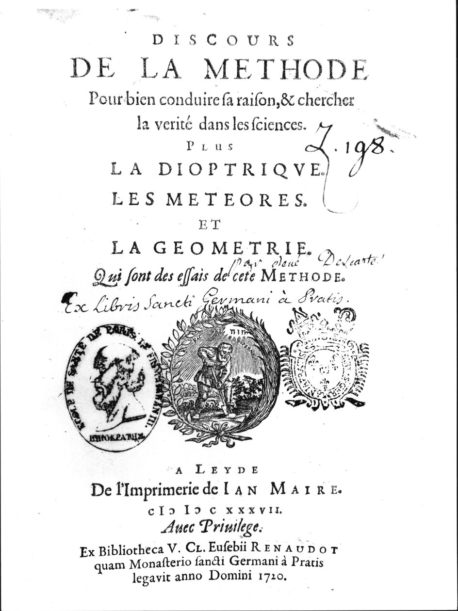 Frontyspis Discours de la Methode, a następnie La Dioptrique, Les Meteores et La Geometrie autorstwa Rene Descartes (1596-1650), po raz pierwszy opublikowane w Leiden w 1637 r. autorstwa French School