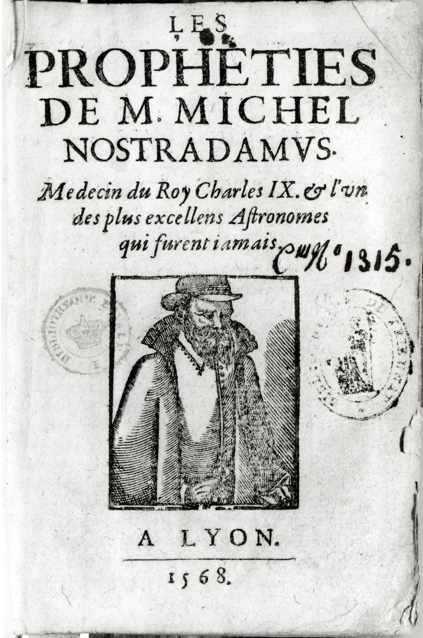 Frontyspis do Les Propheties de M. Michel de Nostradamus (1503-66), z portretem Nostradamusa, opublikowany w Lyonie 1568 autorstwa French School