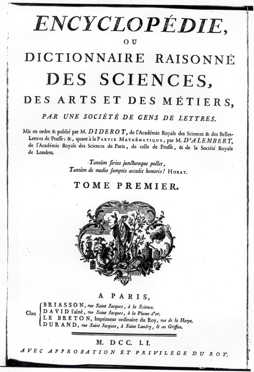 Frontyspis do The Encyclopedia of Science, Art and Engineering autorstwa Denisa Diderota (1713-84) opublikowany w Paryżu, 1751 autorstwa French School