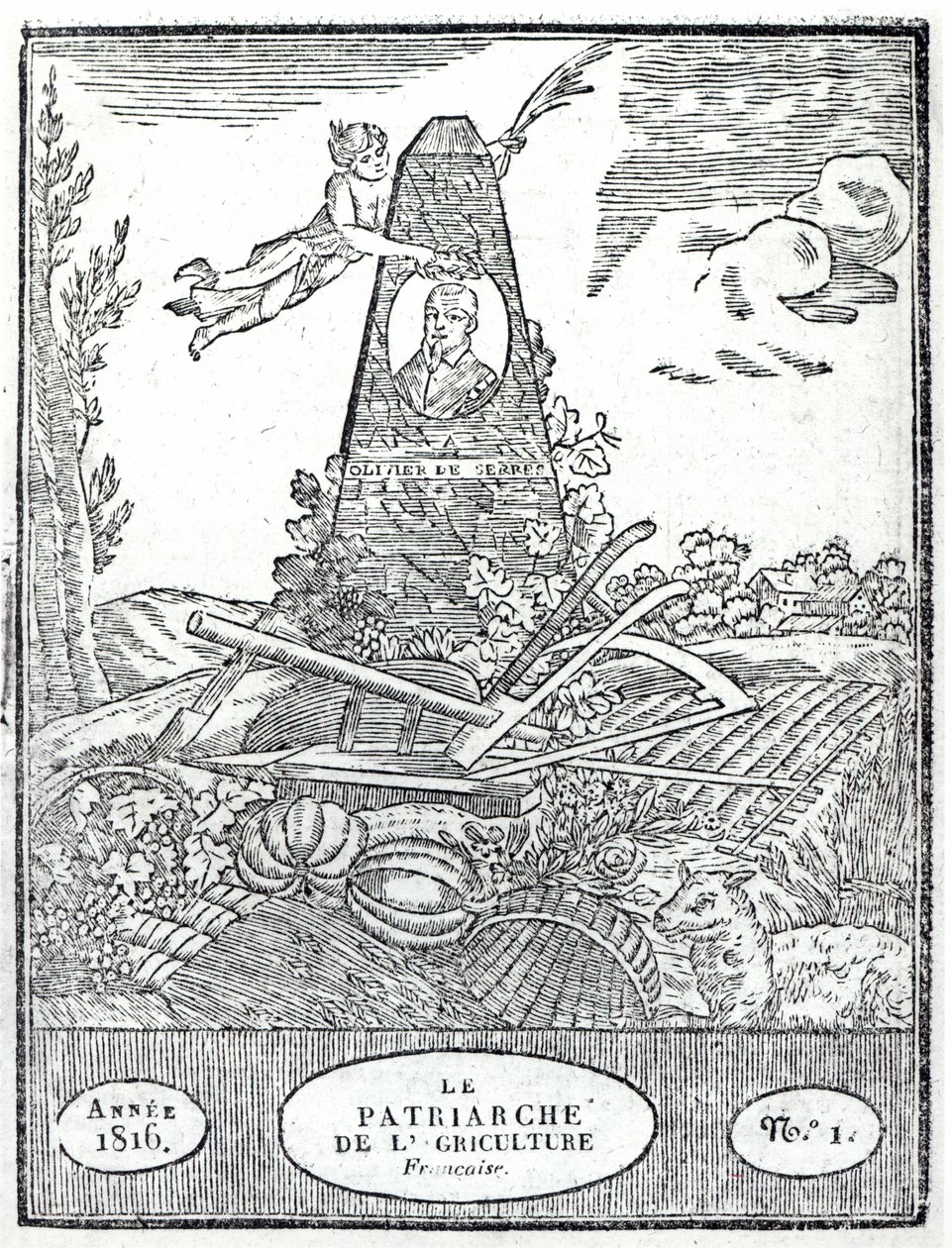 Frontyspis do almanachu rolniczego z portretem Oliviera de Serres (1539-1619) 1816 autorstwa French School