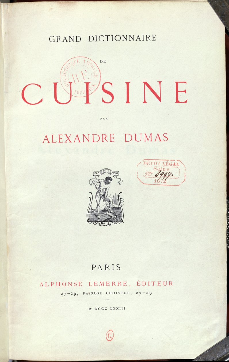 Frontyspis do Wielkiego Dictionnaire de Cuisine Alexandre Dumas pere (1803-70) 1873 autorstwa French School