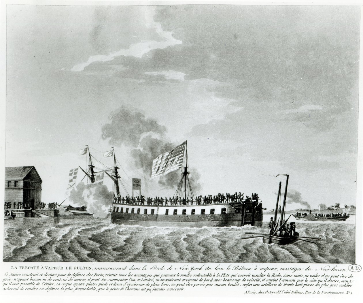 Okręt wojenny Fultons o napędzie parowym, Fulton the First, zaprojektowany i zbudowany przez Roberta Fultona do obrony Nowego Jorku w wojnie 1812 roku (zdjęcie czarno-graficzne z początku XIX wieku) autorstwa French School