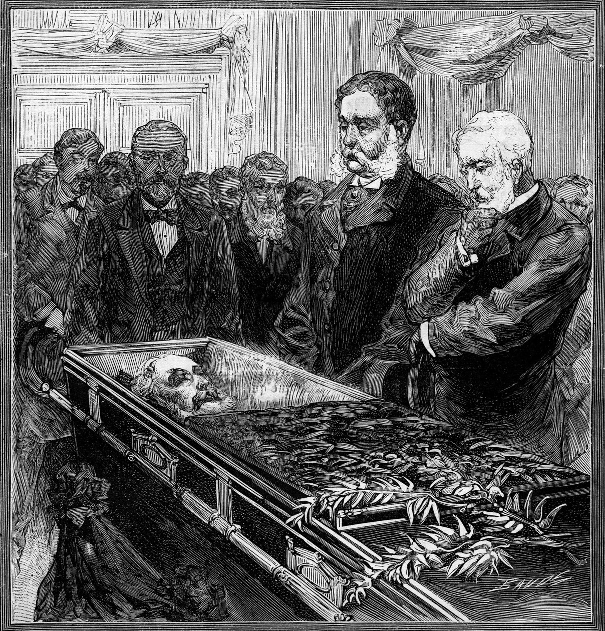 Pogrzeb Jamesa Abrama Garfielda (1831-1881), prezydenta Stanów Zjednoczonych: jego następcę, Chestera Alana Arthura (1830-1886) i sekretarza Blaina przed trumną pod kopułą Kapitolu w Waszyngtonie. Grawerowanie w „” Le Monde Illustré”” nr 1282 z autorstwa French School
