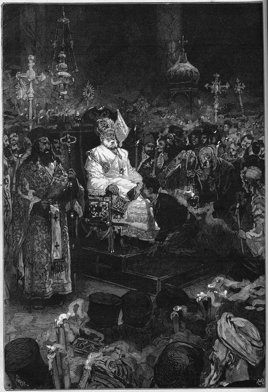 Pogrzeb Joachima II (1791-1878): ciało ekumenicznego patriarchy Konstantynopola zostaje wystawione w kościele patriarchalnym w Phanar. Ubrany jest w strój kapłański i mitrę. Grawer w „Le Monde Illustré” nr 1123 z 5 października 1878 r. autorstwa French School