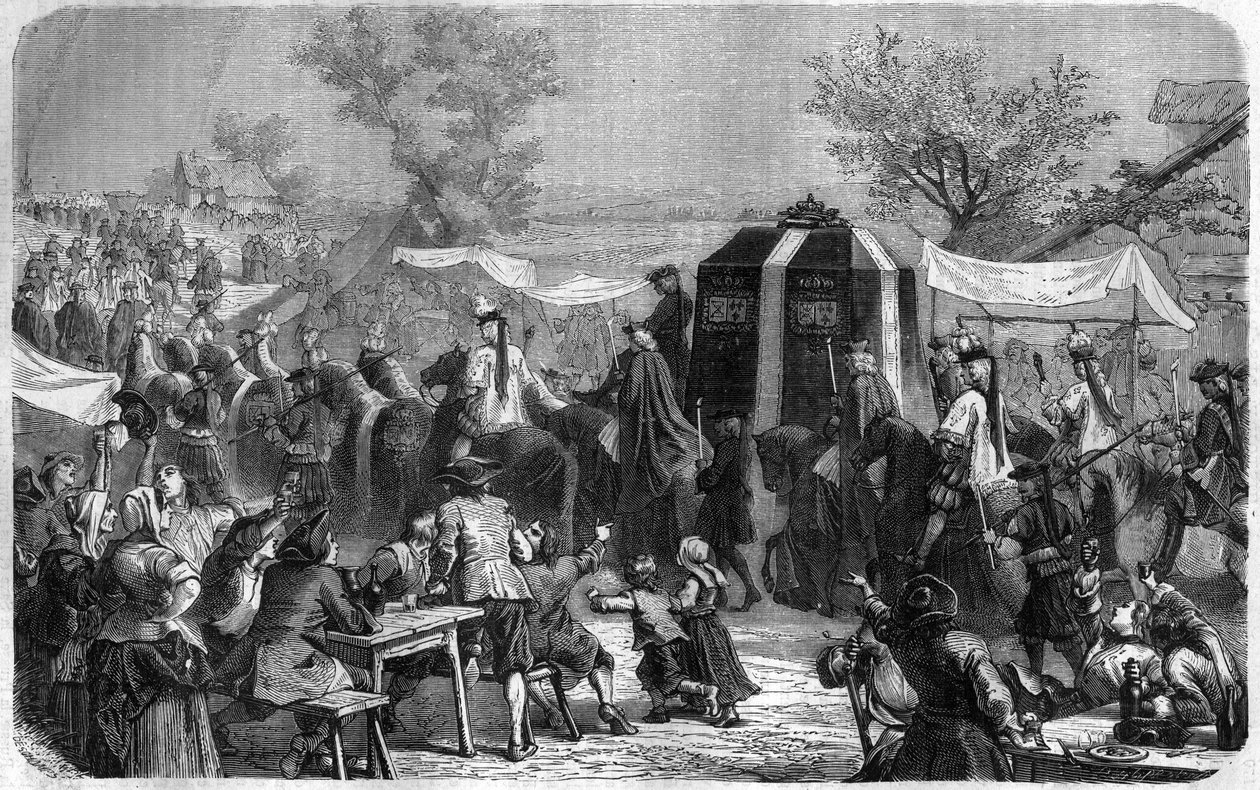 Pogrzeb Ludwika XIV w 1715 r. Rycina w „Historii papieży-królów-królowych i cesarzy na przestrzeni wieków” Maurice Lachatre autorstwa French School