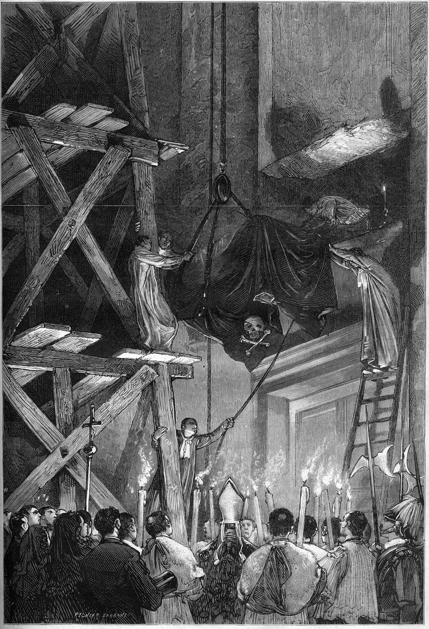 Pogrzeb papieża Piusa Ix (Pio) (1792-1878): pochówek ciała w Bazylice św. Piotra w Rzymie. Grawer w „”Le Monde Illustré””n°1093 z dnia 9 marca 1878 r. autorstwa French School
