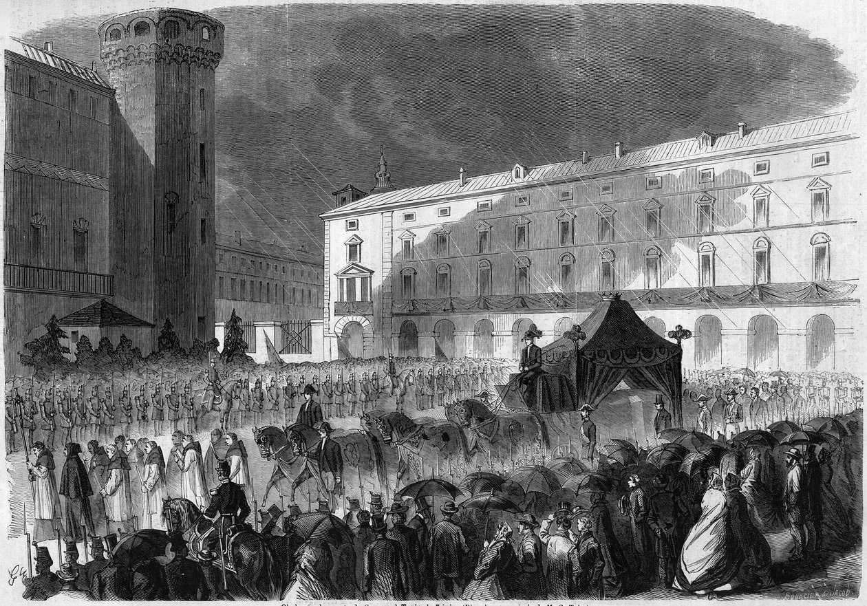 Pogrzeb hrabiego Cavour, Turyn, 7 czerwca 1861: kondukt pogrzebowy niosący trumnę Camilla Benso, hrabiego Cavour (1810-1861), włoskiego polityka. Grawer w „Le Monde Illustré” nr 219 z 22 czerwca 1861 r. autorstwa French School