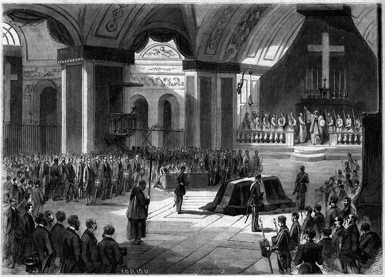 Pogrzeb hrabiego Cavour, Turyn, 7 czerwca 1861: widok wnętrza kościoła Madonny Anielskiej podczas ceremonii. Grawer w „Le Monde Illustré” nr 219 z 22 czerwca 1861 r. autorstwa French School