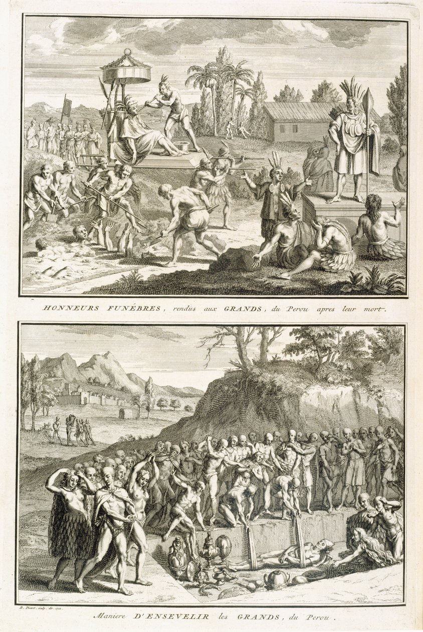 Obrzędy pogrzebowe i sposób grzebania panów po ich śmierci w Peru, ilustracja z Obrzędów i obyczajów religijnych, rycina Bernard Picart (1673-1733) 1722 autorstwa French School