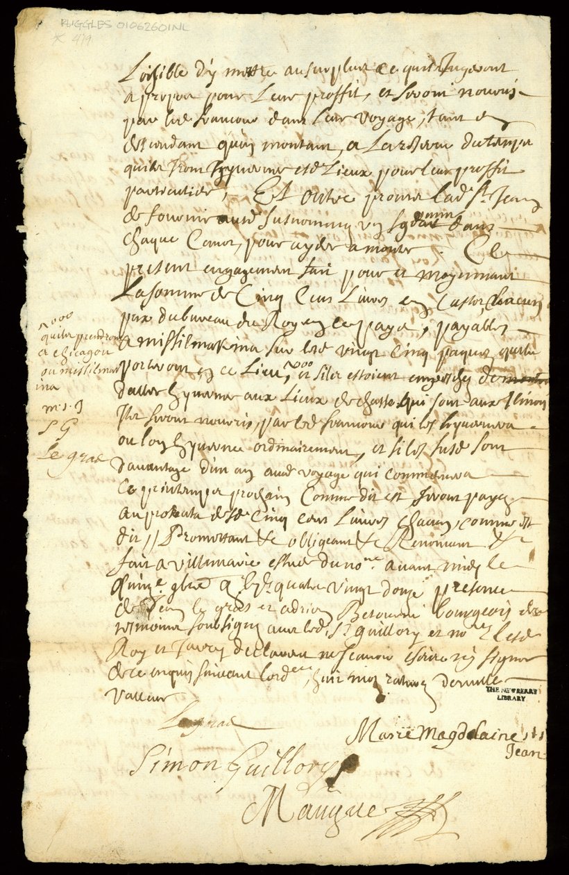 Umowa handlowa futrami między Francois Francoeur i czterema podróżnikami na transport towarów i zakup skór bobra w Michilimackinac i Chicago, 1692 (patrz również 332318) autorstwa French School