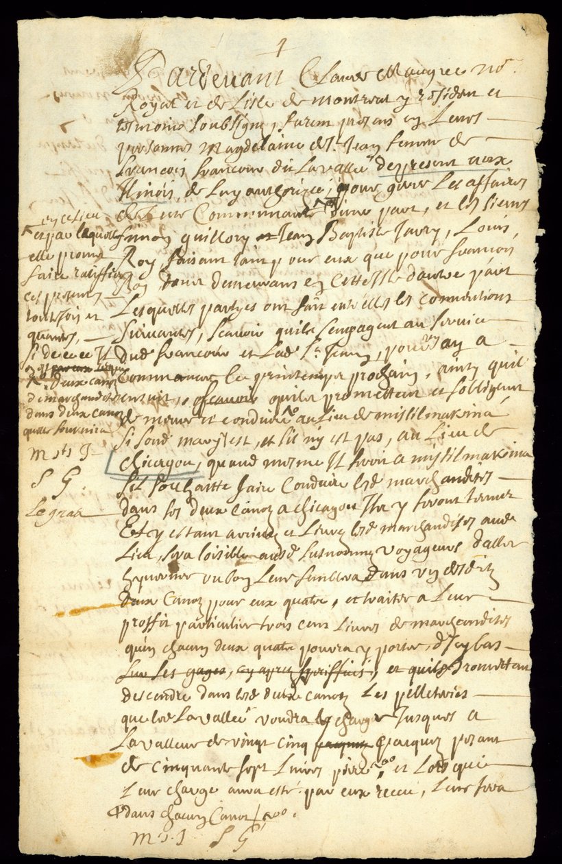 Umowa handlowa futrami między Francois Francoeur i czterema podróżnikami na transport towarów i zakup skór bobra w Michilimackinac i Chicago, 1692 (patrz również 332317) autorstwa French School