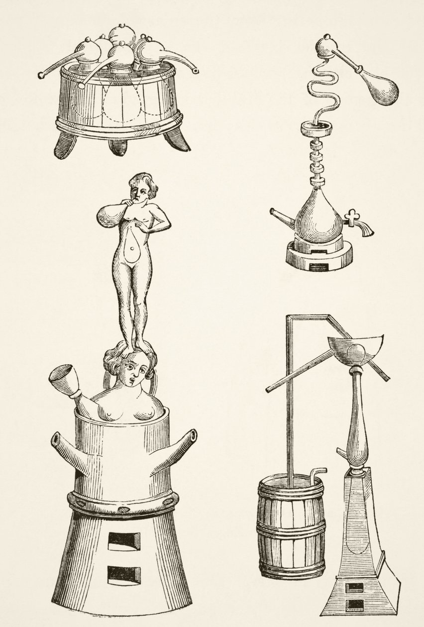 Piec, retorty, destylatory i aparaty destylacyjne używane przez chemików i alchemików w XVI wieku, z Science and Literature in the Middle Ages Paula Lacroix (1806-84) opublikowanej w Londynie 1878 (l autorstwa French School