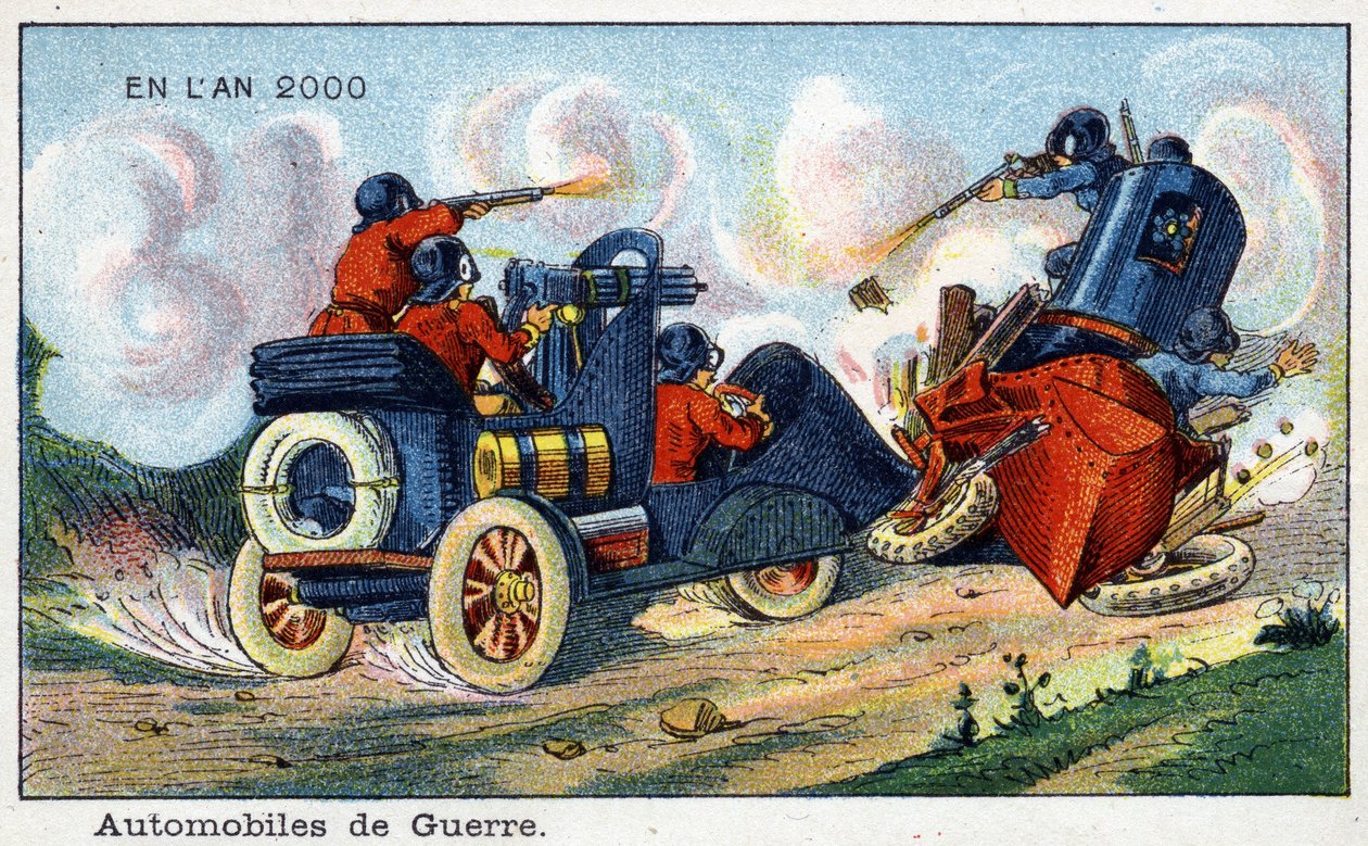 Futuredays: XIX-wieczna wizja roku 2000 – Seria „W roku 2000”: Motoryzacja wojny. Chromolitografia autorstwa Villemarda autorstwa French School