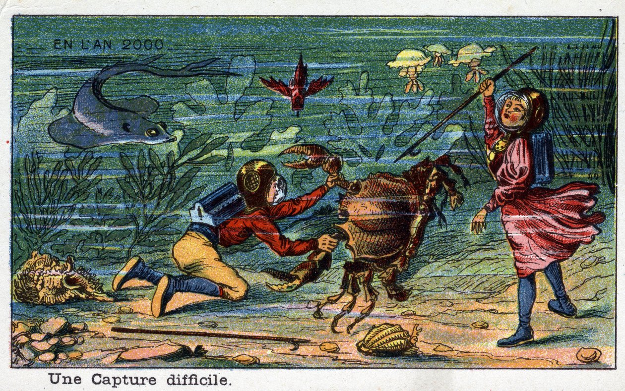 Futuredays: XIX-wieczna wizja roku 2000 Seria: Trudne uchwycenie (pod wodą). Chromolitografia autorstwa Villemarda autorstwa French School