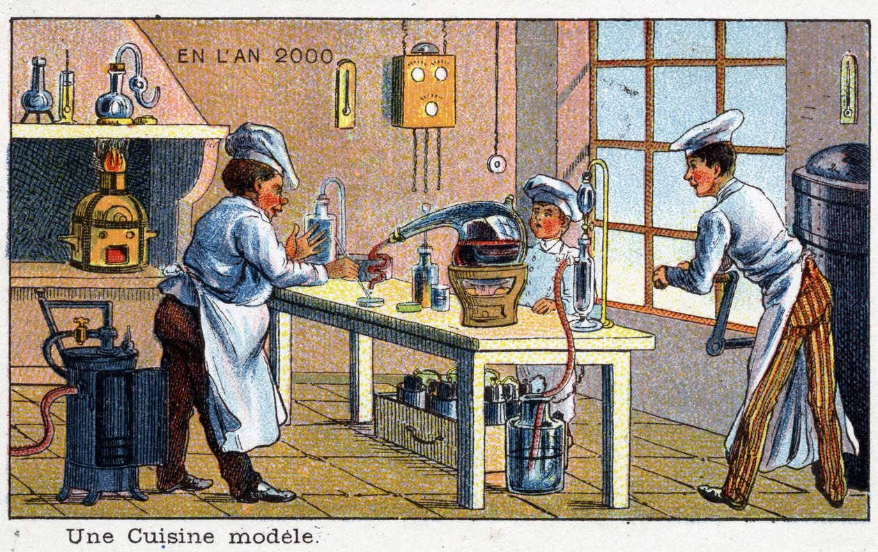 Futuredays: Wizja roku 2000 z XIX wieku Seria: Wzorcowa kuchnia. Chromolitografia autorstwa Villemarda autorstwa French School